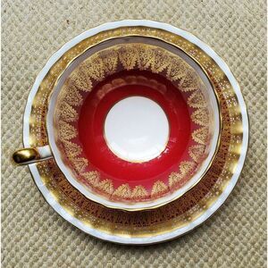 Aynsley Maroon Red Fluted Bone China Gold Lace Filigree Cup and Saucer Set 1731